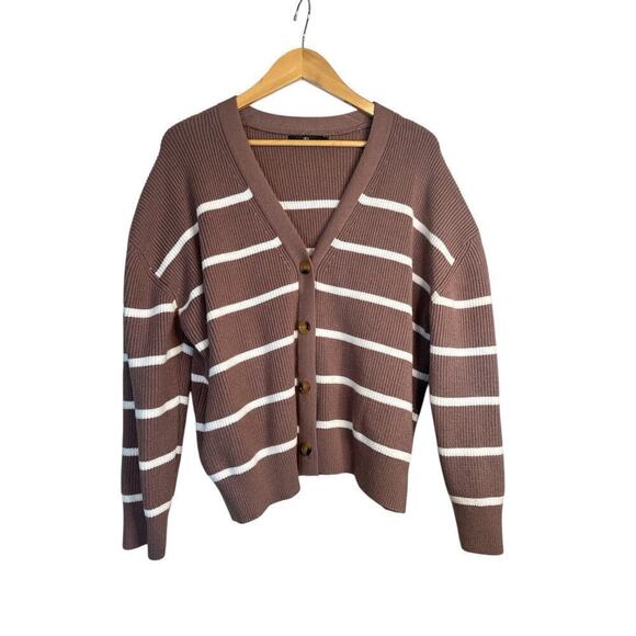 Lillusory Womens Stretch Knit Button Front Striped Cardigan Sweater Size L Brown - Picture 2 of 8